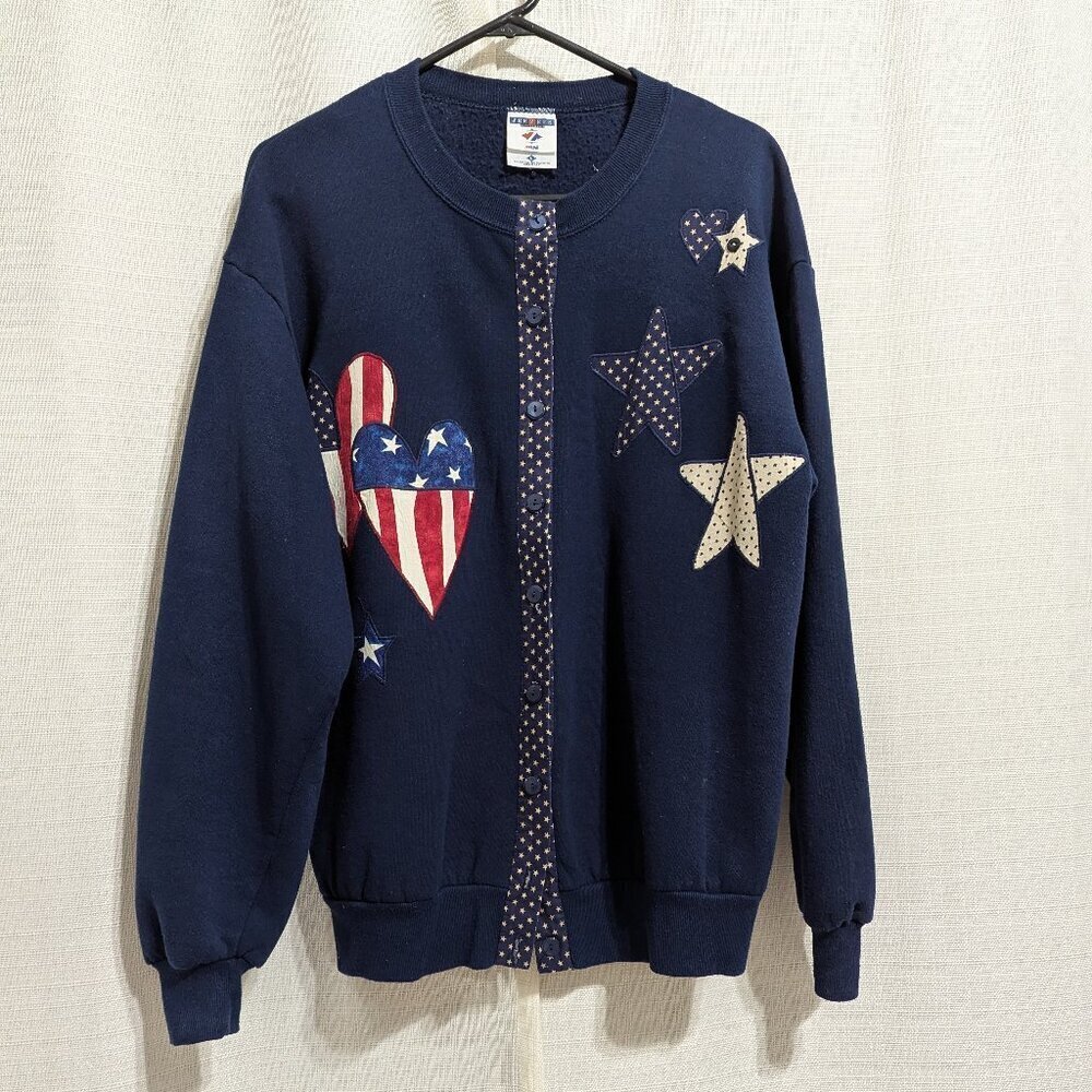 VTG Jerzees Americana Cardigan Jacket Navy Blue Hearts Retro Cozycore Folk Large